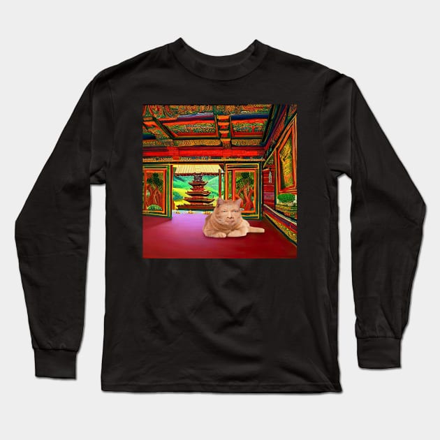 Eckhart Tolle Zen Master Cat Laying in a Thailand Temple Long Sleeve T-Shirt by SubtleSplit